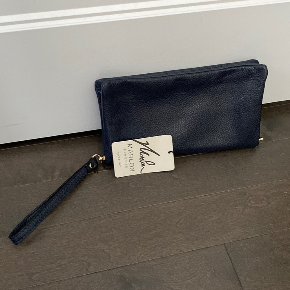 New, never worn navy blue Marlin Firenze leather wristlet/clutch.